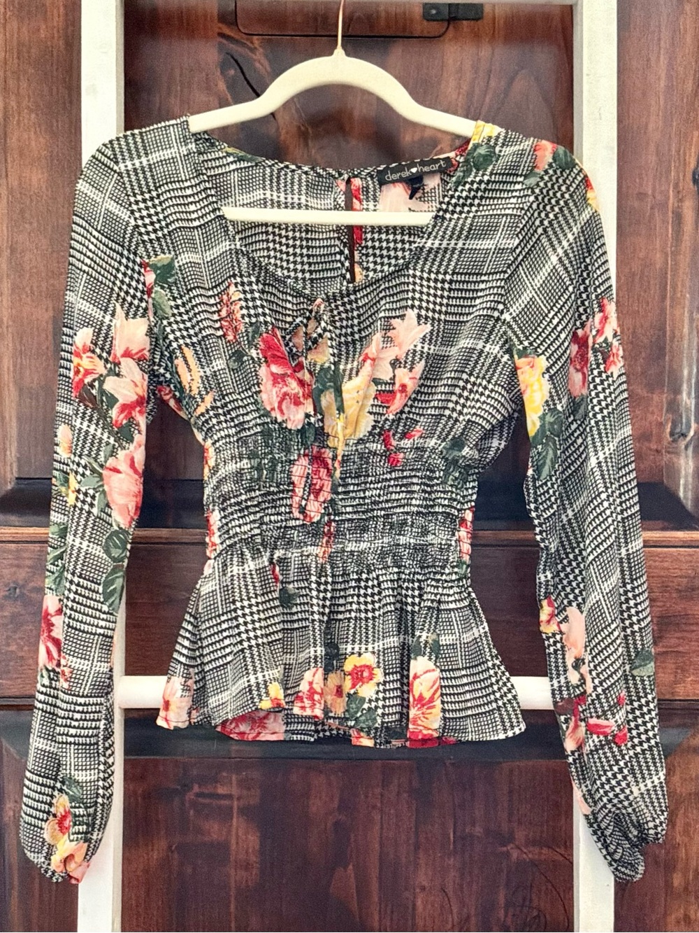 Darling Black Plaid Floral Smocked Peplum Top